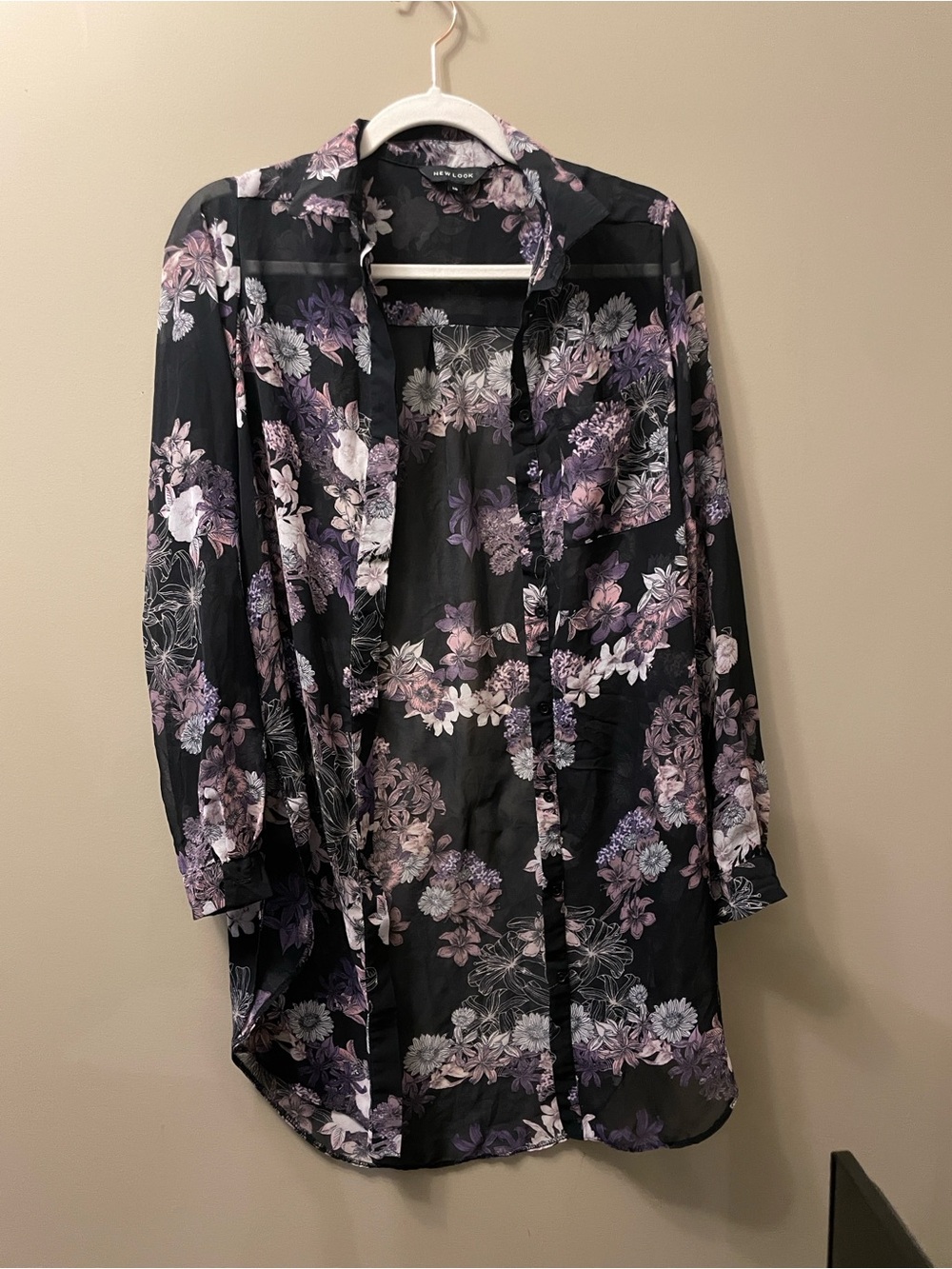 Floral Sheer Button-Front Shirt - Black & Purple